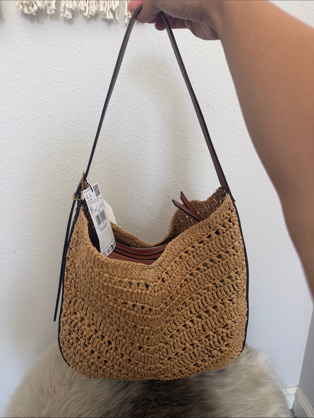 Mango Woven Straw Shoulder Bag in Brown with Dark Trim
